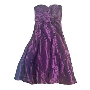 Formal Purple Satin Dress Ball Gown Rhinestone Gathered Bustier Strapless Bra